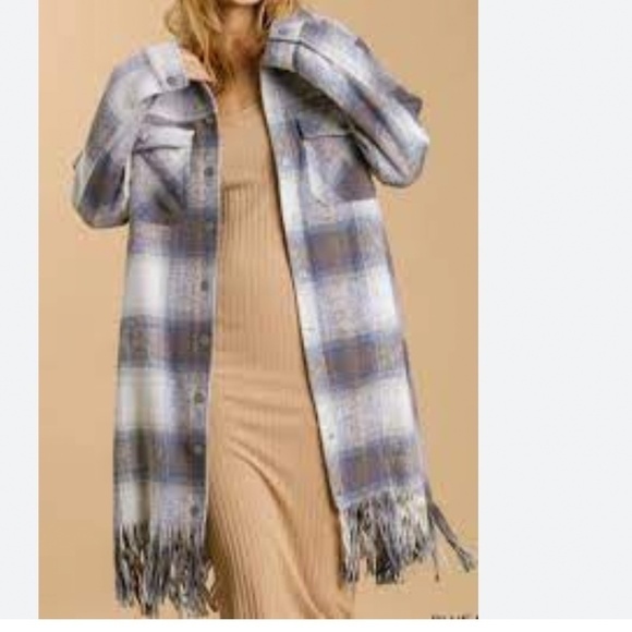 Umgee Plaid Fringe Hem Long Jacket  blue and cream sz Small - Picture 3 of 8